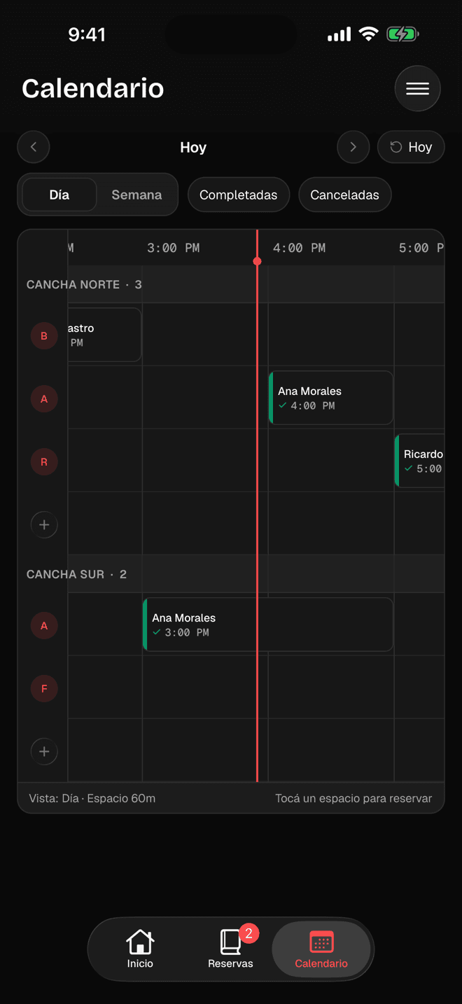 Calendario de reservas por cancha en joga venue